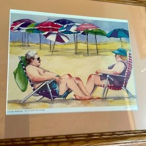 Discussing dinner plans beach scene by Lynn Greer matted print
